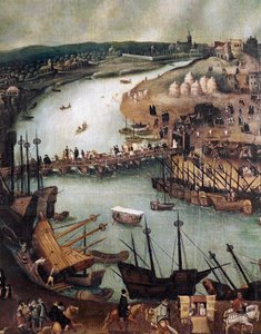 Miasto Sewilla.Detal port i działalność komercyjna (malarstwo, koniec XVI wieku)