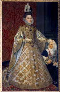Portret u stóp Infante Hiszpanii Isabelle Clara Eugenie z Habsburga, władcy Holandii i Magdaleny Ruiz Obraz Alonso Sanchez Coello (1531-1588) Ndz. 1,29 x 2,07 m. 1585. Madryt. Musee du Prado - Pełnowymiarowy portret Niemowlęcia autorstwa Alonso Sánchez Coello