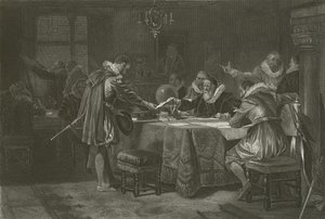 Henry Hudson otrzymuje zlecenie od Holenderskiej Kompanii Wschodnioindyjskiej, 1609 r. autorstwa Alonzo Chappel