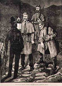 The State of Ireland: Police Patrol rzuca wyzwanie podejrzanej osobie, z The Illustrated London News, 8 czerwca 1881 autorstwa Aloysius C. OKelly