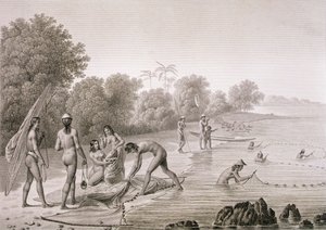 Tradycyjne metody połowu stosowane przez tubylców z Wysp Mariannas, z „Voyage Autour du Monde (1817-20)”, Louis Claude Desaulses de Freycinet (1779-1842) rytowane przez Bovinet, opublikowane w latach 1822-24 (lito)