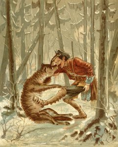Spotkanie barona Munchausena z wilkiem z „Przygód barona Munchausena” Rudolfa Ericha Raspe (1736-94) wydane ok. 1886 r. (kolor lito)
