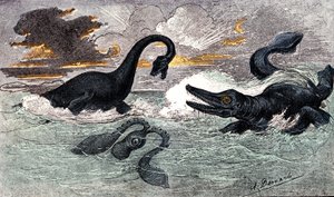Okres Lias (jura dolna): Plezjozaur i ichtiozaur, stworzenie naturalne i istoty żywe (autor: Jules Renegade) Rysunek: A. Demarle. 1885