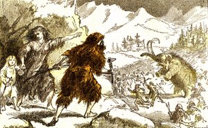 Prehistoria – polowanie na mamuty. Okres lodowy: stworzenie naturalne i istoty żywe. Rysunek A. Demarle