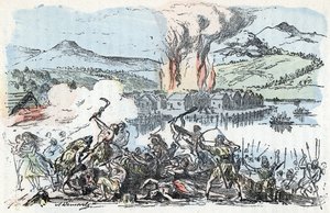 Prehistoria: scena wojny na początku epoki żelaza, pożar osady na palach Rycina z „” La nature et l
