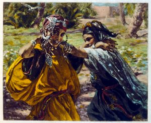 Ilustracja Dinet z „Mirages” Sceny z życia Arabów. 1906. Mirages, Scénes De La Vie Arab został zilustrowany przez Etienne Dinet z komentarzem Silmana Ben Ibrahima Bamera. Nasreddine Dinet urodził się jako Alphonse-Étienne Dinet; (1861-1929) był francuskim  autorstwa Alphonse Etienne Dinet