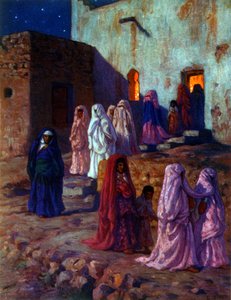 Ilustracja przedstawiająca muzułmańskie Arabki świętujące „Mawlid” (Narodziny Proroka). obchody urodzin islamskiego proroka Mahometa. Nasreddine Dinet (Alphonse-Étienne Dinet). 1861 1929. francuski malarz orientalista. 1918. autorstwa Alphonse Etienne Dinet