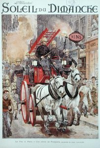 Strażacy reagujący na alarm pożarowy w Paryżu, okładka "Le Soleil du Dimanche", 3 grudnia 1899 (litografia kolorowa)