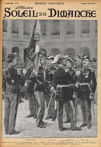 Wręczenie krzyży dowódczych Legii Honorowej czterem generałom (Gosse Dubois, generał Colonna, generał Toulza, generał Dalstein) przez generała Brugere. Grawer Lalauze dla „Le Soleil-du-Dimanche” w lutym 1900.