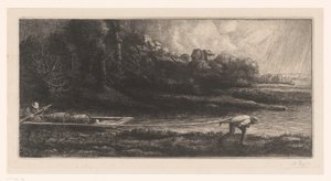 Krajobraz z barką le baco autorstwa Alphonse Legros (signed by artist)