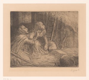 Dwie klęczące kobiety patrzące w górę autorstwa Alphonse Legros (signed by artist)