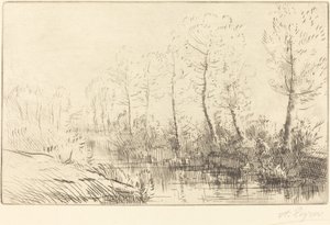 Brzozy: brzeg wody widziany w porannym świetle Brzozy: brzeg wody, efekt poranka. autorstwa Alphonse Legros