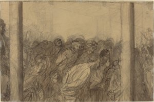 Tłum ludzi widziany między dwiema kolumnami [verso]. autorstwa Alphonse Legros