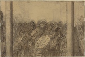 Tłum ludzi widziany między dwiema kolumnami [verso] autorstwa Alphonse Legros