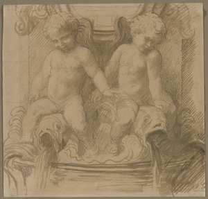 Fontanna z delfinami jeżdżącymi Putti, ostatnia połowa XIX wieku. autorstwa Alphonse Legros