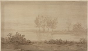 Pejzaż - cztery drzewa za rzeką autorstwa Alphonse Legros