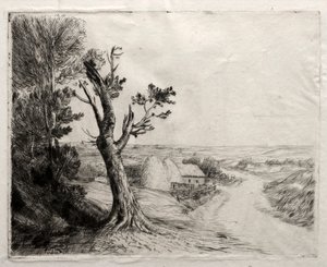 Krajobraz ze stosami słomek. autorstwa Alphonse Legros
