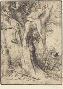 Krajobraz z chłopcem na drzewie autorstwa Alphonse Legros