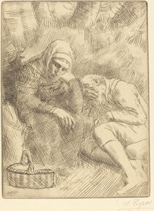 Mężczyzna i żona siedzą przy drodze z koszem autorstwa Alphonse Legros