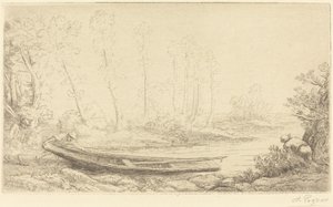 Człowiek z łódką, rysunek po prawej Pecheurs des truites. autorstwa Alphonse Legros