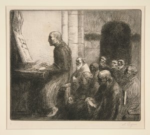 Mnich grający na organach w kościele autorstwa Alphonse Legros
