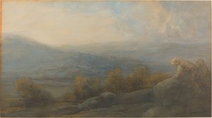 Pejzaż górski z dwiema postaciami po prawej stronie autorstwa Alphonse Legros