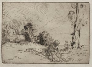 Wieśniaczka siedząca w pobliżu żywopłotu autorstwa Alphonse Legros