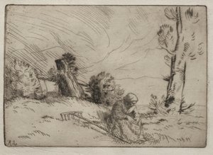 Chłopka siedząca w pobliżu żywopłotu. autorstwa Alphonse Legros