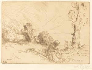 Wieśniaczka siedząca w pobliżu żywopłotu autorstwa Alphonse Legros