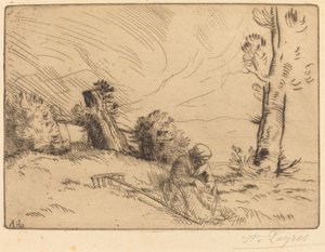 Wieśniaczka siedząca w pobliżu żywopłotu autorstwa Alphonse Legros