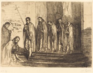 Procesja opuszczająca kościół (La sortie de la procesja) autorstwa Alphonse Legros