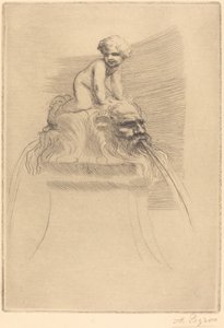 Mała fontanna, dziecko bawiące się na groteskach Mała fontanna, dziecko bawiące się na maskach. autorstwa Alphonse Legros