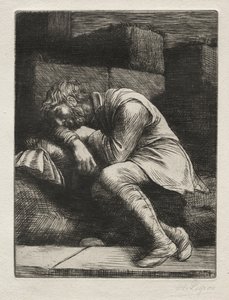 Śpiący żebrak. autorstwa Alphonse Legros
