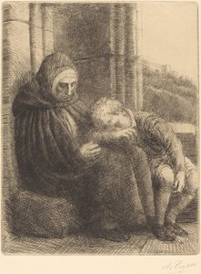 Kobieta siedząca pod ścianą, dziecko z głową na kolanach Femme assses, muraille.... autorstwa Alphonse Legros