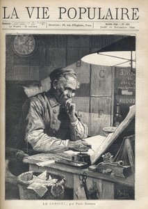 Skoncentrowany kopista pracujący w jego biurze. Ilustracja Alfonsa Marii Muchy (Alphonse Marie Mucha autorstwa Alphonse Mucha