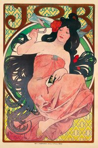 Affiche publicitaire pour le papier a papieros Praca - Plakat reklamowy do bibuły Praca - Rysunek autorstwa Muchy, Alfons (Alphonse) Marie (1860-1939), Litografia kolorowa 1896 (51,5x39 cm) - Kolekcja prywatna