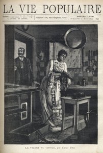 Elegancka kobieta woskuje but w domowej kuchni. Za jej plecami mężczyzna otwiera drzwi. Ilustracja Alfonsa Marii Muchy (Alphonse Marie Mucha autorstwa Alphonse Mucha