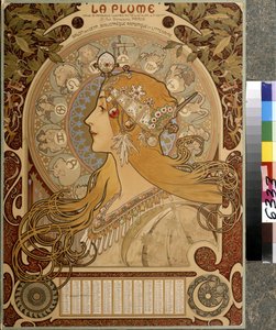 Kalendarz "La Plume", ilustrowany dwumiesięcznik Salon des Cent. Biblioteka artystyczna i literacka. Grafika autorstwa Alfonsa Marii Muchy (Alphonse Marie Mucha autorstwa Alphonse Marie Mucha