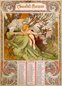 Kalendarz Chocolate Masson ilustrowany przez Muchę (1860 – 1939). czeski malarz secesyjny autorstwa Alphonse Mucha