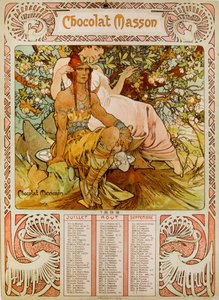 Kalendarz Chocolate Masson ilustrowany przez Muchę (1860 – 1939). czeski malarz secesyjny autorstwa Alphonse Mucha