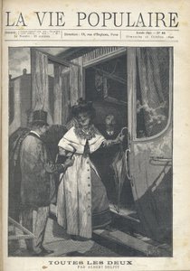 Pożegnanie mężczyzny i kobiety wsiadających do pociągu na peronie dworca. Ilustracja Alfonsa Marii Muchy (Alphonse Marie Mucha autorstwa Alphonse Mucha