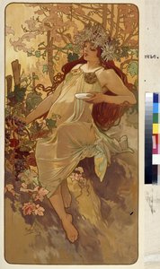 Jesień (Seria alegorii na cztery pory roku). Grafika autorstwa Alfonsa Marii Muchy (Alphonse Marie Mucha