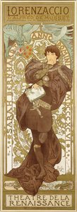 Lorenzaccio, przedstawiający stojącą postać Sarah Bernhardt w roli, 1896 autorstwa Alphonse Mucha