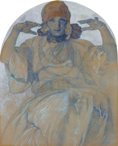 ""Portret córki artysty Jaroslava Muchova (1909-1986)"" (Portret córki artysty, Jaroslava) Obraz Alphonsa Muchy (1860-1939) - ok. 1924 Wymiary 51x41 cm Kolekcja prywatna autorstwa Alphonse Mucha