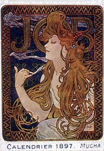 Plakat przedstawiający papiernie Job w Tuluzie autorstwa malarza Muchy. 1897.