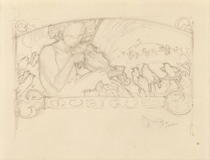 Studium kobiety grającej na skrzypcach, autorstwa Alphonse Mucha