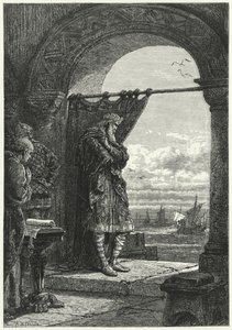 Karol Wielki z niepokojem obserwujący zbliżanie się statków przewożących normańskich najeźdźców (rycina) autorstwa Alphonse Marie de (after) Neuville