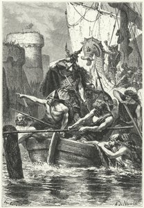 Flota normańska atakująca Paryż, 885 (rycina) autorstwa Alphonse Marie de (after) Neuville