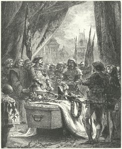 Komendant Chateauneuf de Randon składa klucze do miasta na trumnie Bertranda du Guesclin autorstwa Alphonse Marie de (after) Neuville
