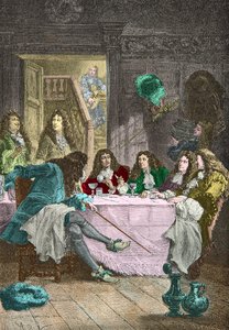 Jean de La Fontaine, Nicolas Boileau Despreaux, Moliere i Racine spożywający posiłek w kabarecie (rycina) autorstwa Alphonse Marie de Neuville